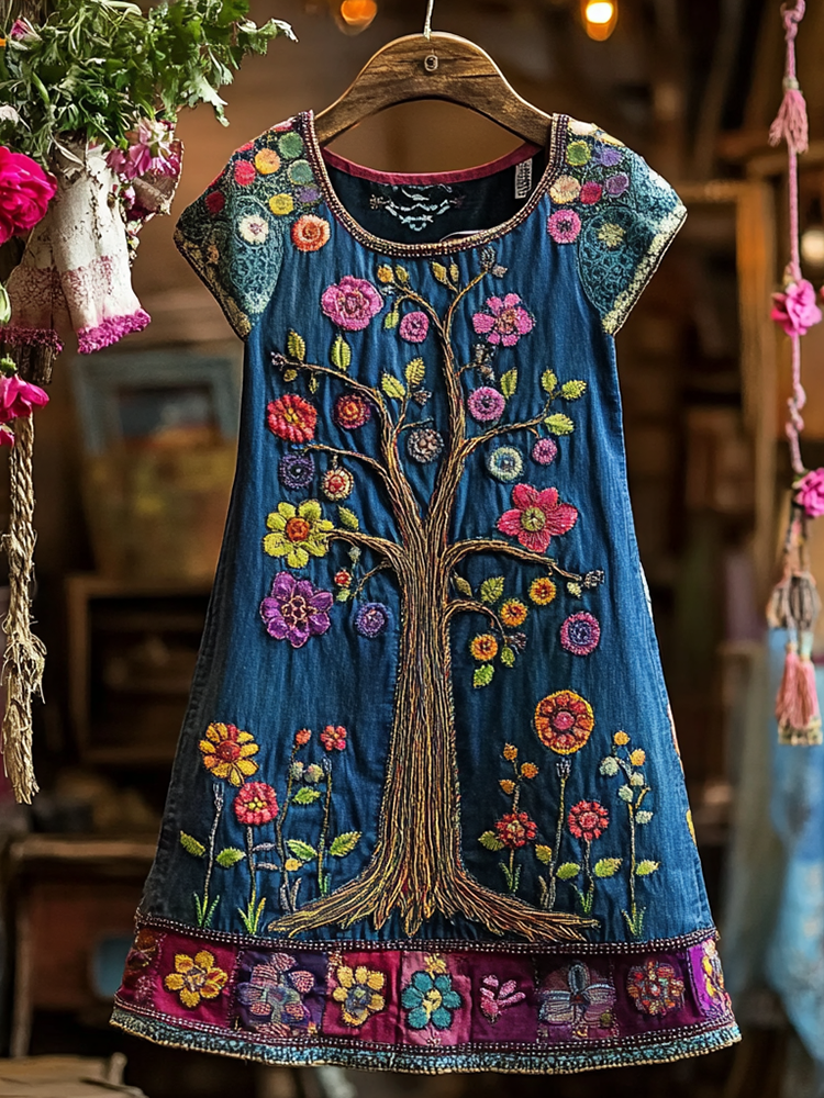Vintage Colorful Trees Embroidery Denim Art Sleeveless Dress