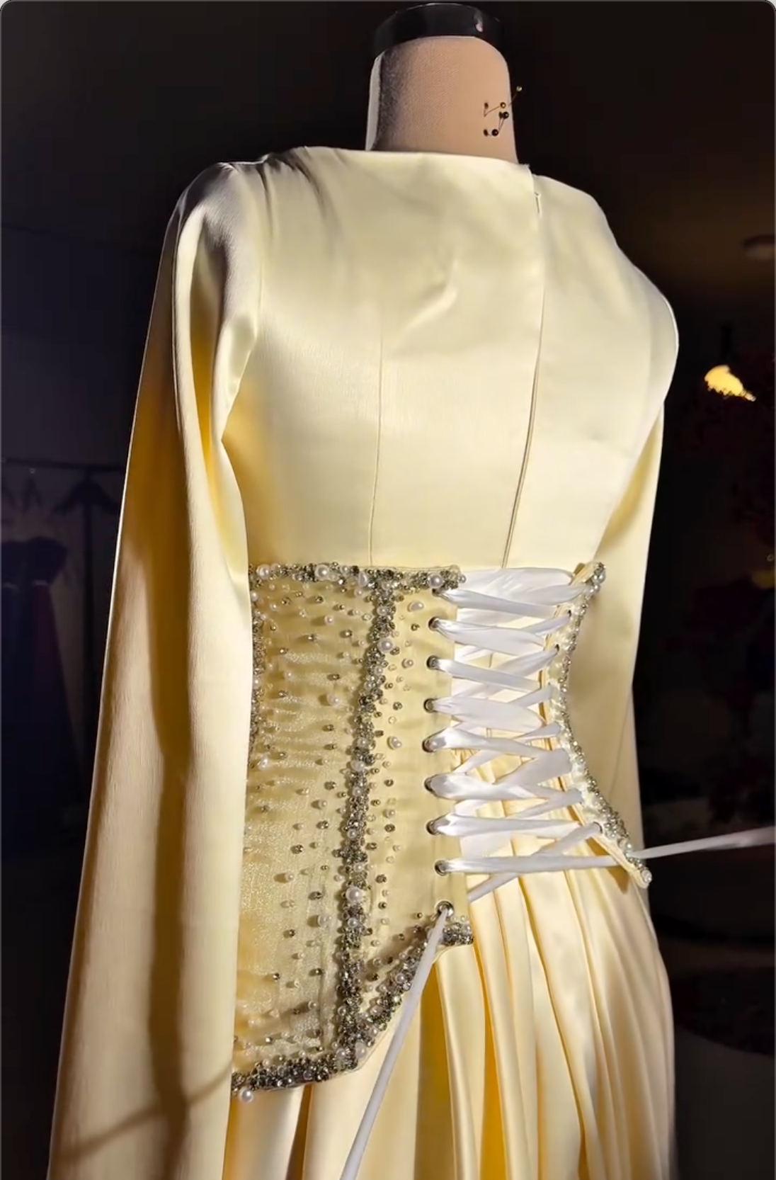 Cream Satin Maxi Dress with Beaded Corset Waist & Lace-Up Back
