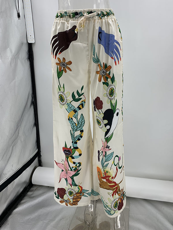 Buttoned Drawstring Elasticity Flower Print Pockets Half Sleeves Loose Lapel Two Pieces Set Pants Set