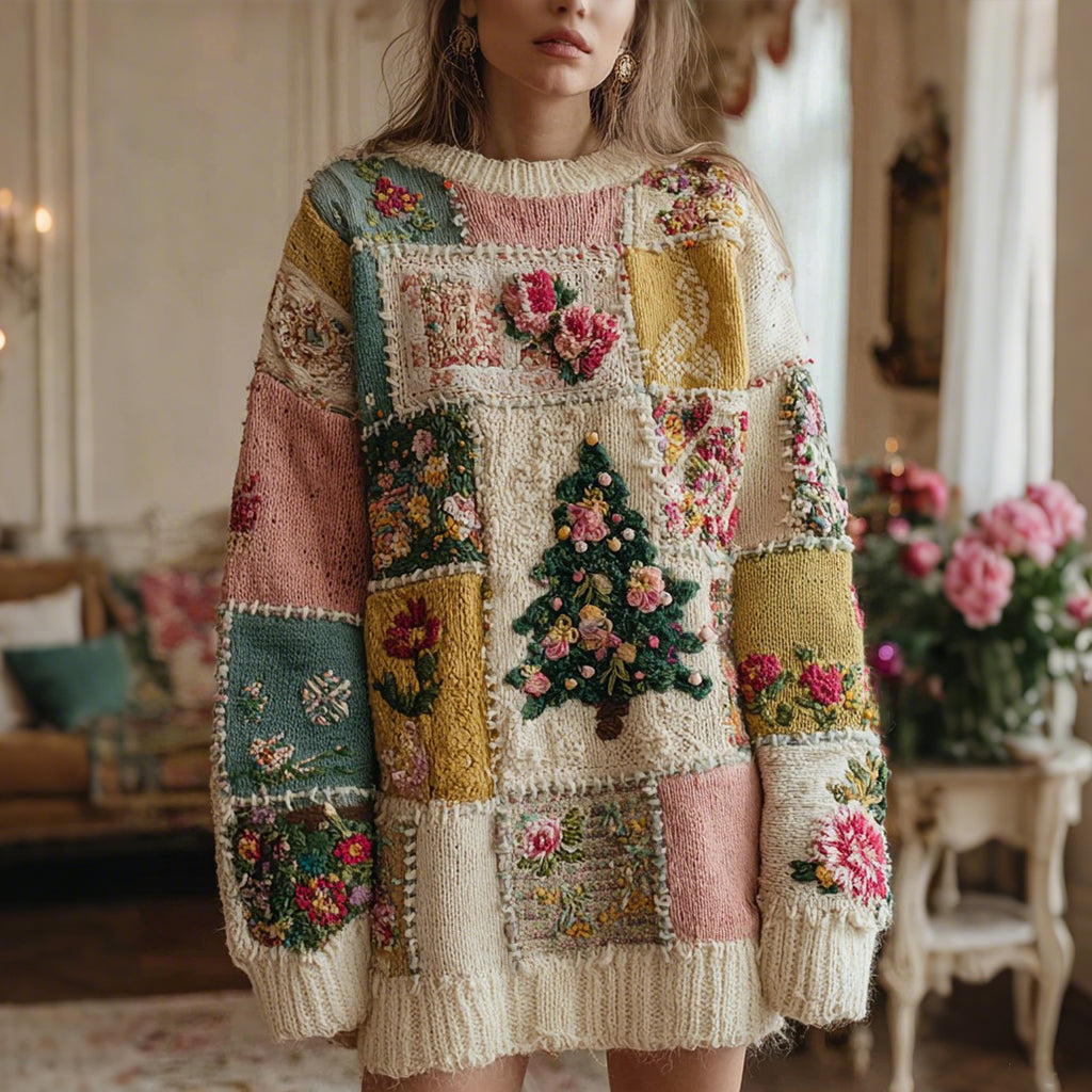 Women's Christmas Tree And Rose Pattern Knitted Crew Neck Sweater Dress