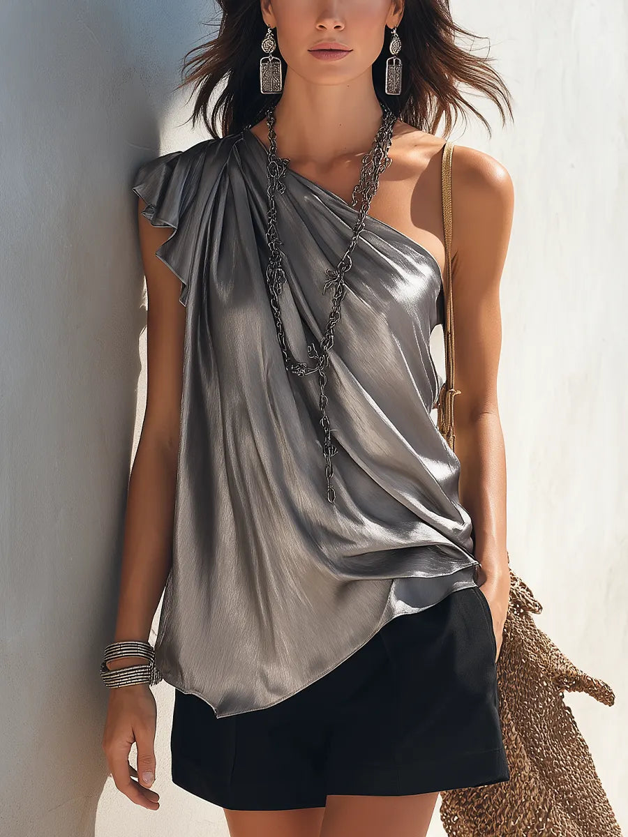 Boho Silver Satin One-Shoulder Top