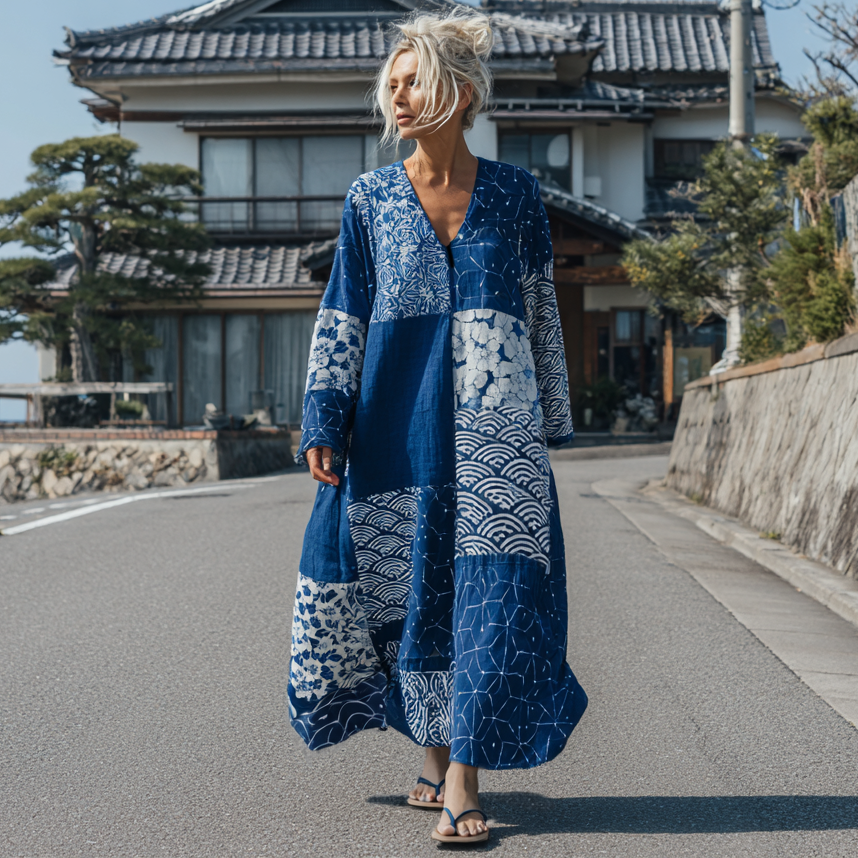 Japanese Style Floral Patchwork Retro Tie-dyed Round Neck Dress