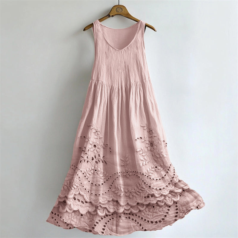 Cottage Floral Lace Embroidered Flowy Linen Tank Dress