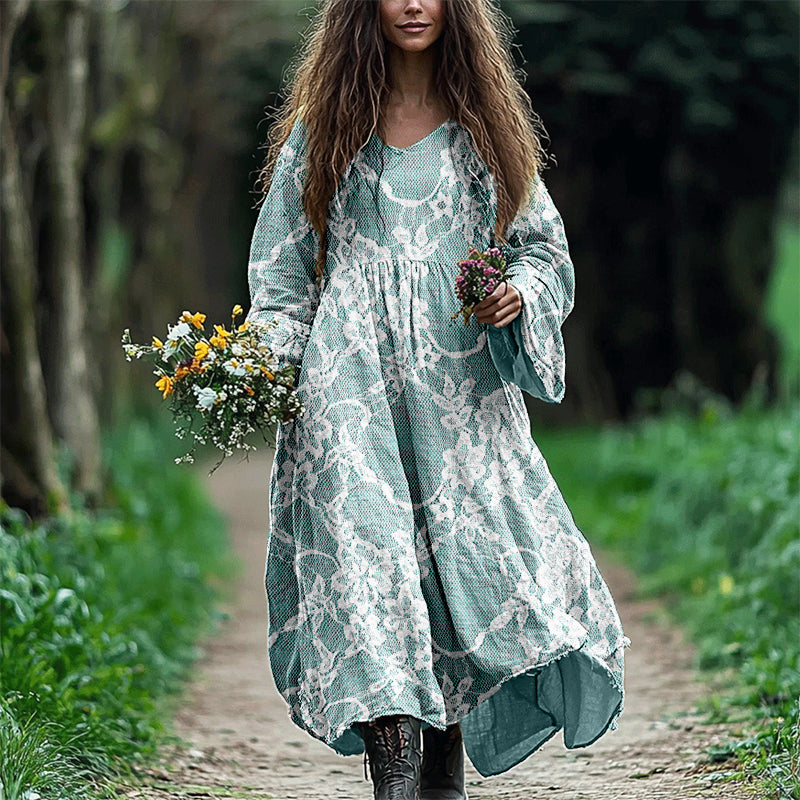 Vintage Floral Lace Linen Blend Flowy Maxi Dress