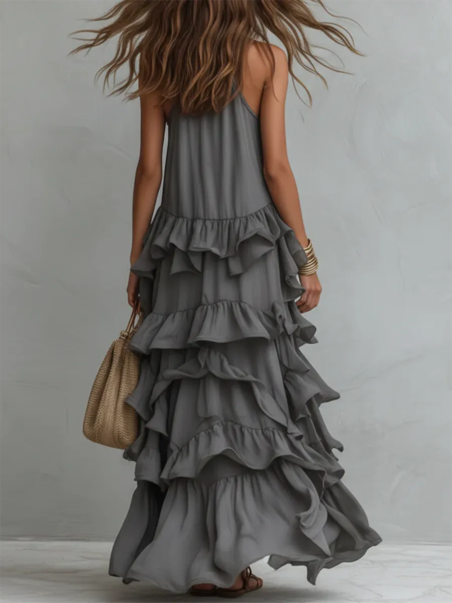 Retro Romantic Multi-layer Ruffle Maxi Dress