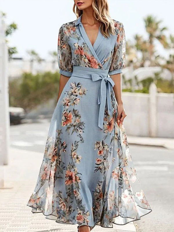 Flower Printed Ruffled Half Sleeves Elegant Maxi Dresses