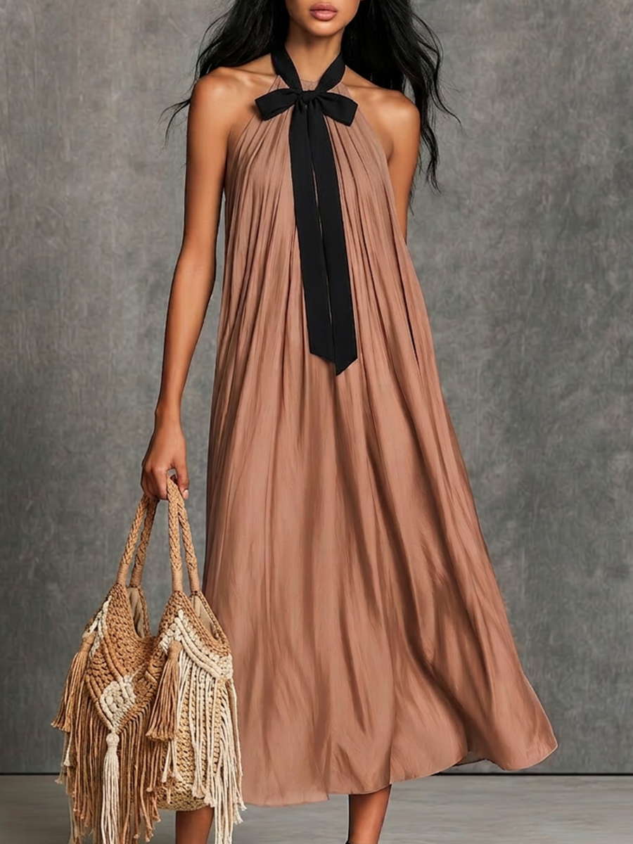 Elegant Flowy A-Line  Muted Beige Crinkled Fabric Maxi Dress