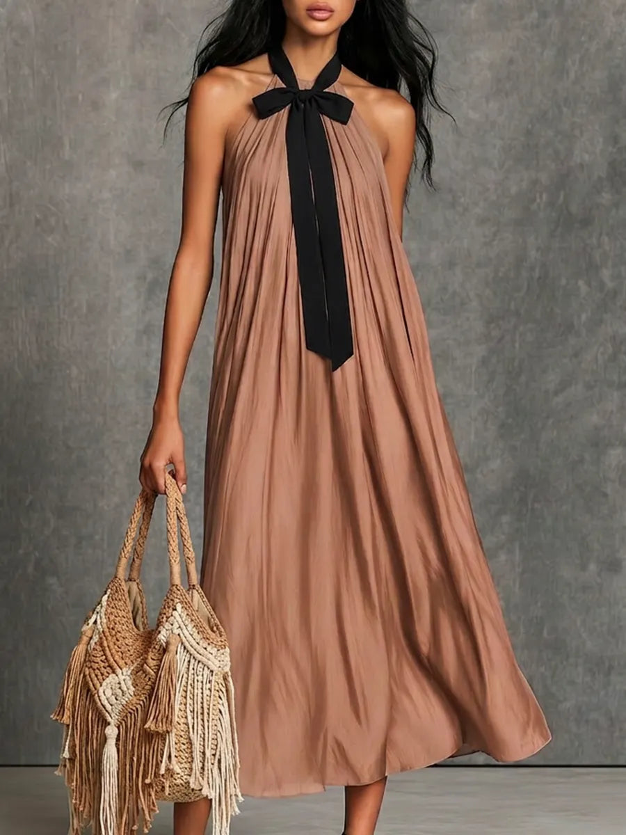 Elegant Flowy A-Line  Muted Beige Crinkled Fabric Maxi Dress