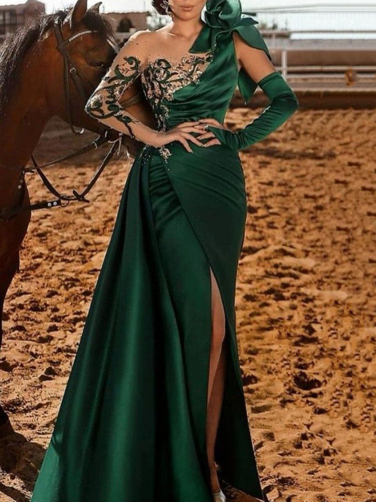 Party See-Through Long Sleeves Embroidered Applique Split-Side Maxi Dresses