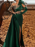 Party See-Through Long Sleeves Embroidered Applique Split-Side Maxi Dresses