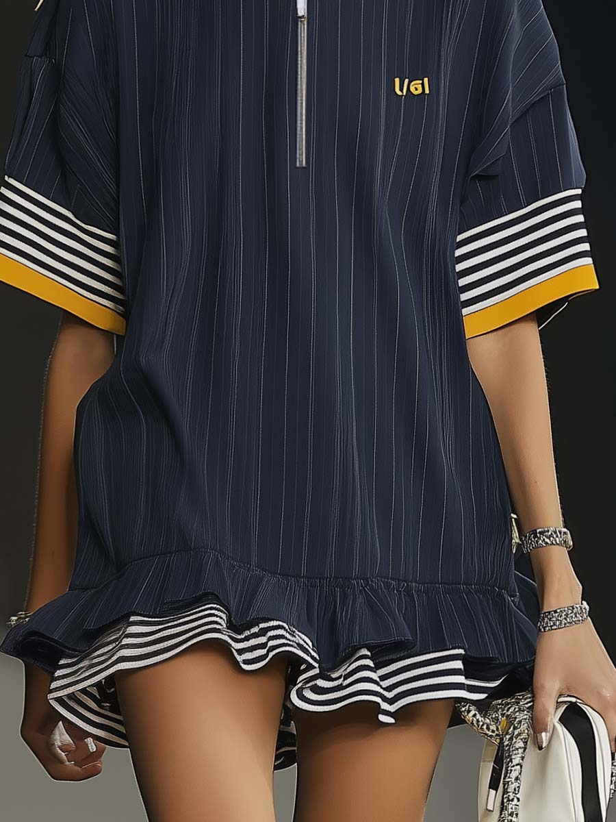 [24-hour shipping out]Casual Ultra-loose Front Zipper Short-sleeved Ruffled Hem Navy Blue Hoodie Style Mini Dress