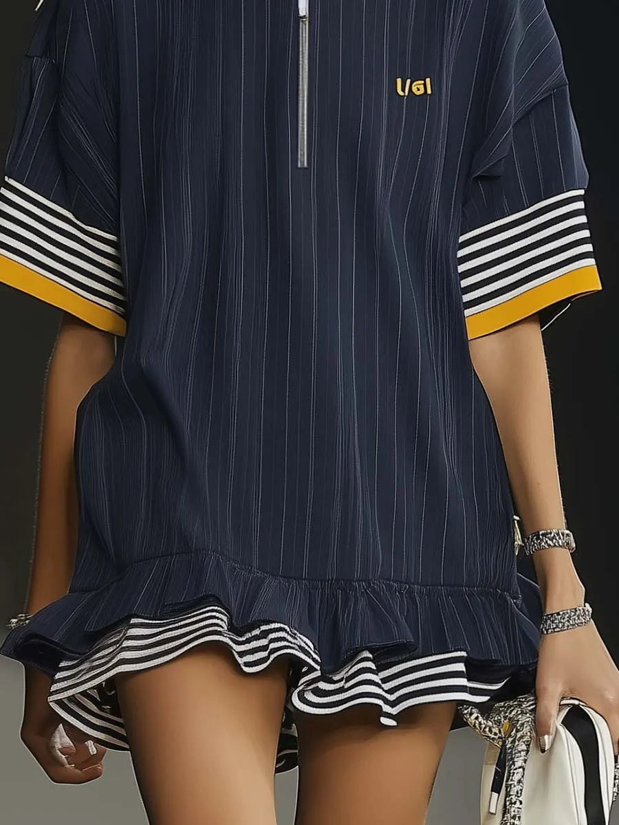 [24-hour shipping out]Casual Ultra-loose Front Zipper Short-sleeved Ruffled Hem Navy Blue Hoodie Style Mini Dress