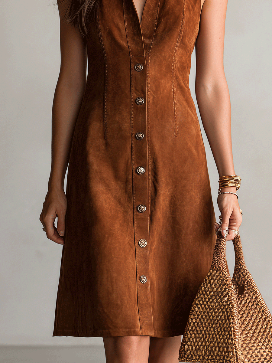 Bohemian Suede-Look Resort Cognac Brown Button-Front Midi Dress