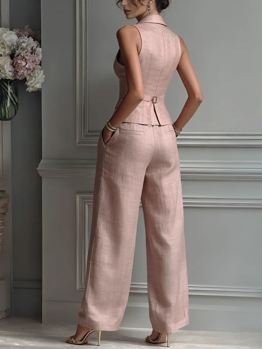Women's Elegant Tailored Vest & Wide-Leg Pants Set - 2 Piece Chic Power Suit for Office & Leisure