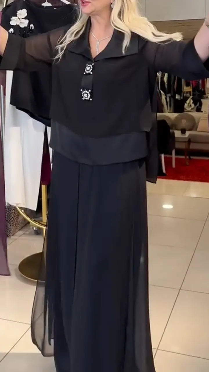 Black Sheer Chiffon Wide Leg Pants Set