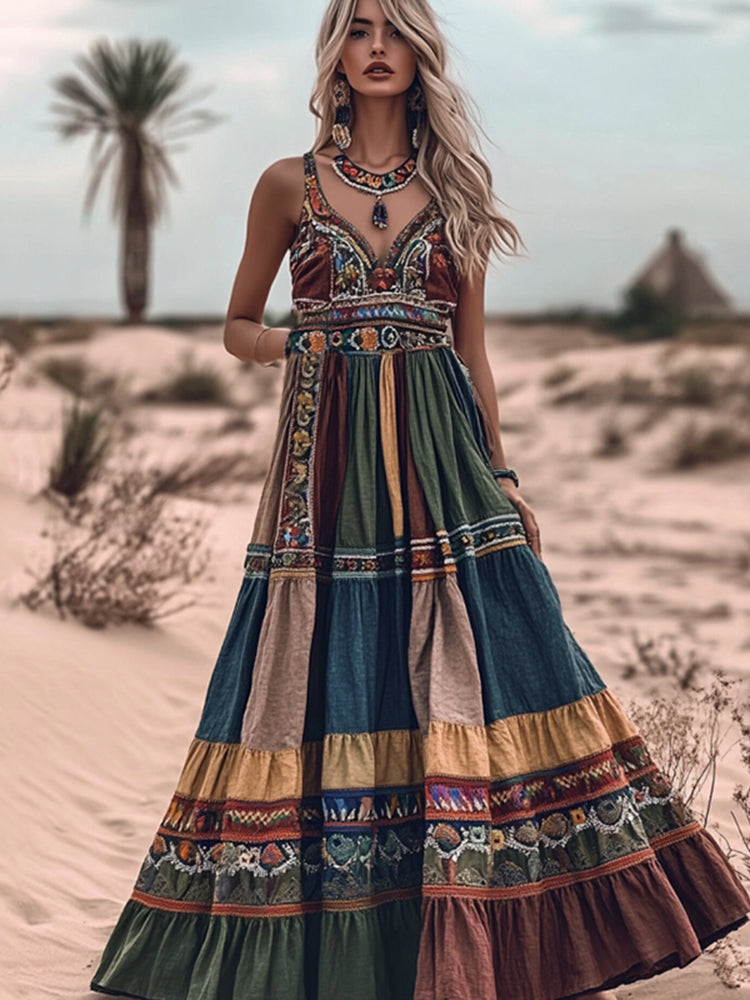 Women's Boho Art Color Block Sleeveless Maxi Dress