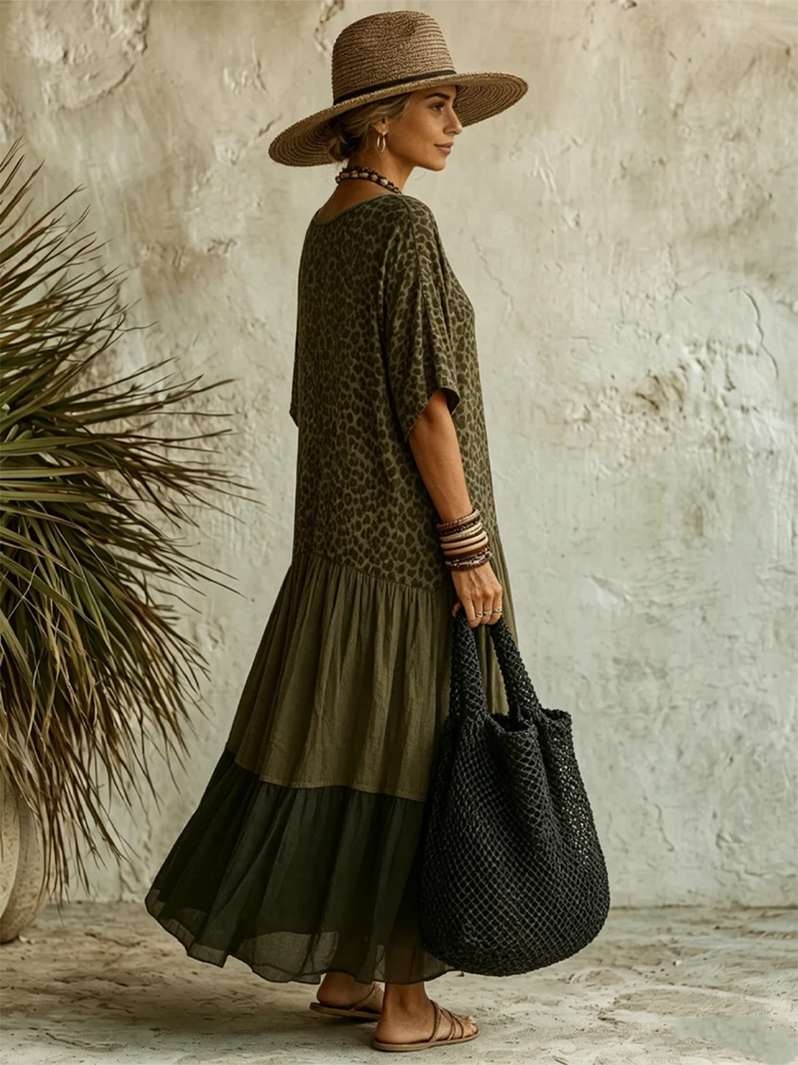 Casual Leopard-print Spliced chiffon & Cotton Dress