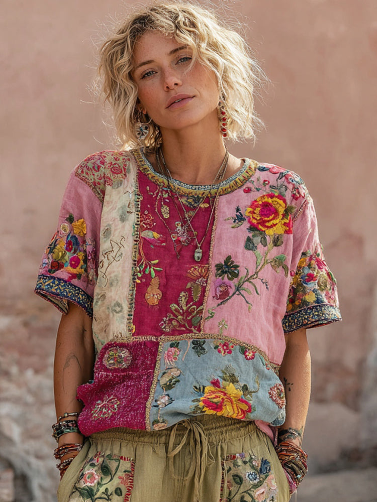Women's Vintage Bohemian Floral Embroidery Art Round Neck Linen Blend T-shirt