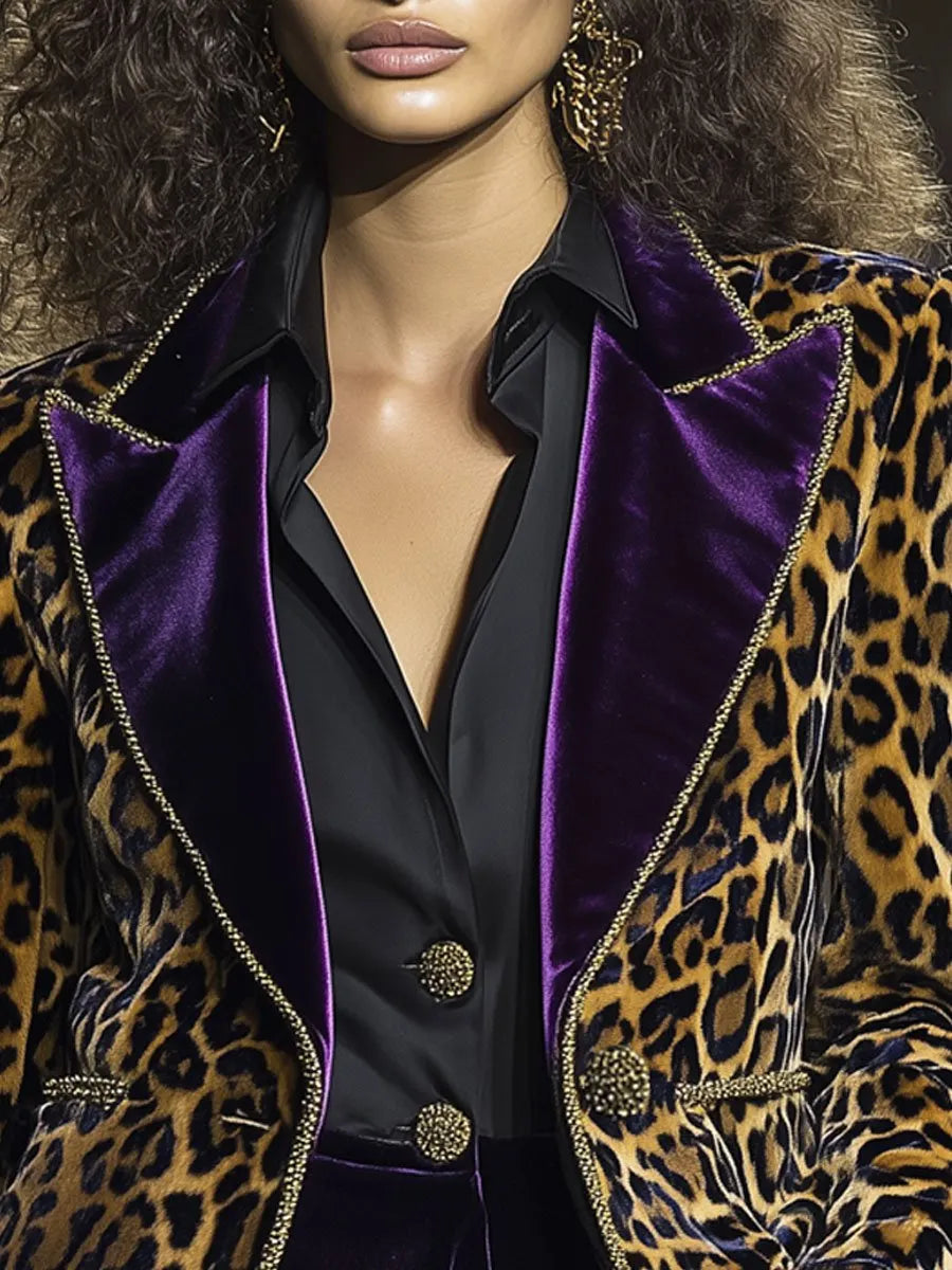 [24-hour shipping out]Casual Vintage Velvet Leopard Print Contrast Lapel Blazer