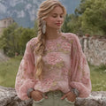 Elegant Bohemian-style Pink Rose Embroidered Comfortable Casual Linen Waist-cinching Top