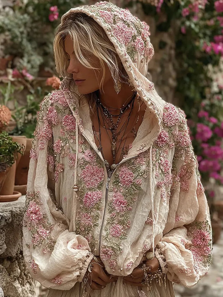 Bohemian Style Pink Rose Vintage Zip-up Hoodie