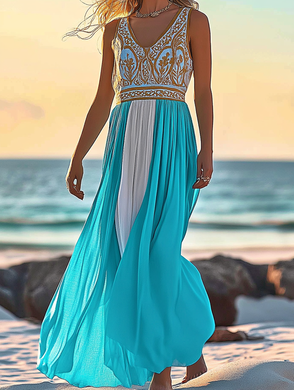 Summer vacation fashion elegant contrast color dress 6794