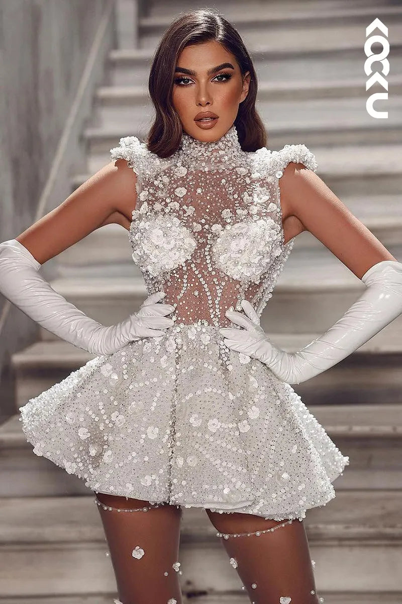 K1934 - Gorgeous & Charming High Neck Sleeveless Short Wedding Dress With Beaded