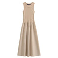 Sanna Sleeveless Cotton Midi Dress – Gathered Waist Casual Summer Dress in Beige & Black