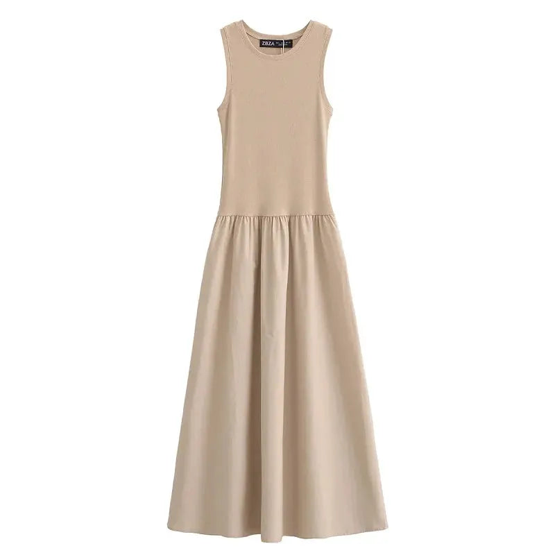 Sanna Sleeveless Cotton Midi Dress – Gathered Waist Casual Summer Dress in Beige & Black