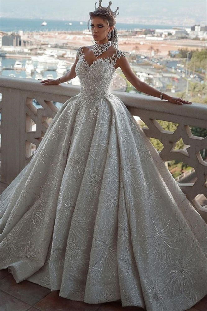 Daisda Glamorous Cap Sleeves Ball Gown Wedding Dress With Beadings
