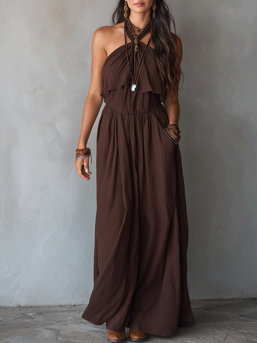 Elegant Vacation Espresso Brown Pleated Halter Maxi Dress