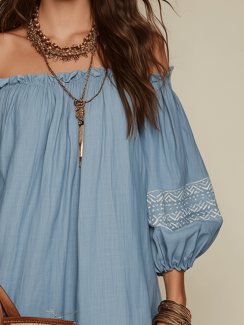 Bohemian Resort Sky Blue Off-Shoulder Embroidered Mini Dress