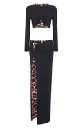 Long Sleeve Animal Print Maxi Two Piece Dress Black