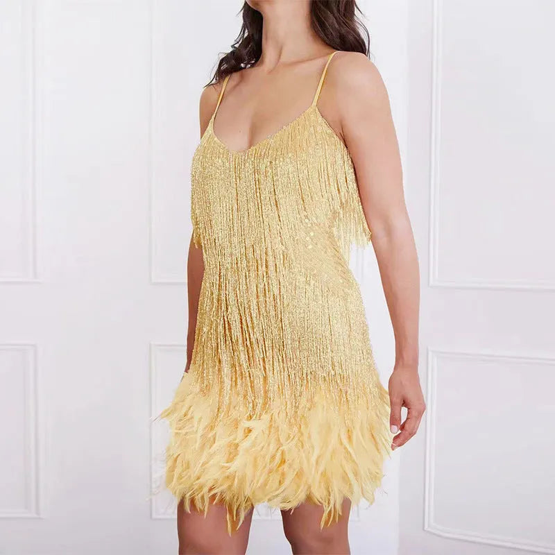 Austyn Tassel Feather Mini Dress In White/Yellow