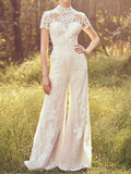 Stylish Round-Neck Embroidered See-Through Wide Leg White Jumpsuits