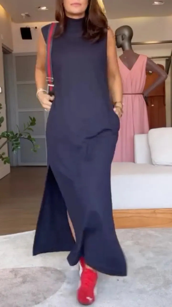 Navy High‑Neck Sleeveless Slit Midi Dress