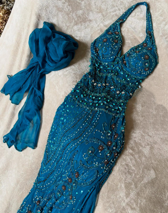 Blue delicate beaded chiffon long dress