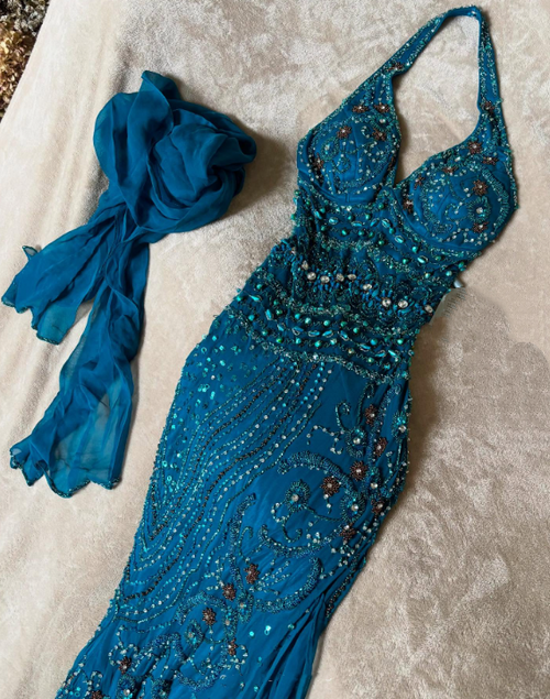 Blue delicate beaded chiffon long dress