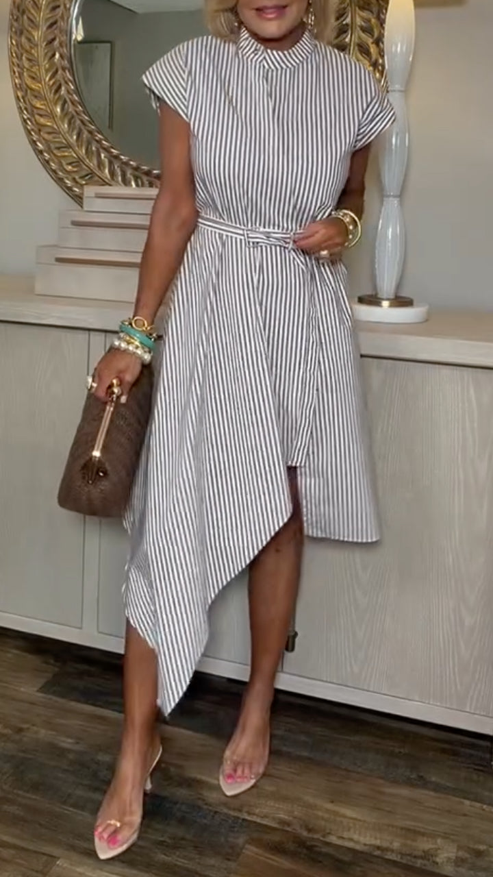 Striped Belted Asymmetrical Dress