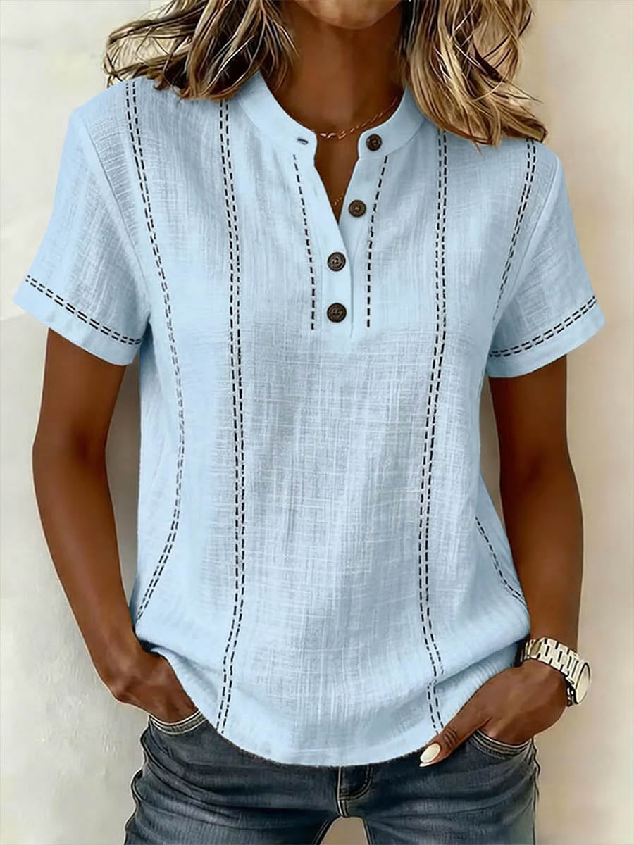 Women's V-neck Short-sleeve Casual Loose Cotton-linen Top
