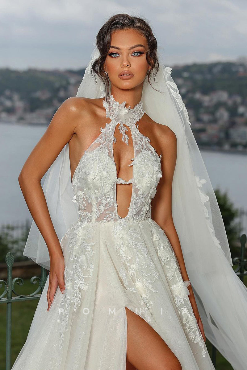 P3052 - Romantic High Neck High Split Sleeveless A-Line  Bohemian Wedding Dress