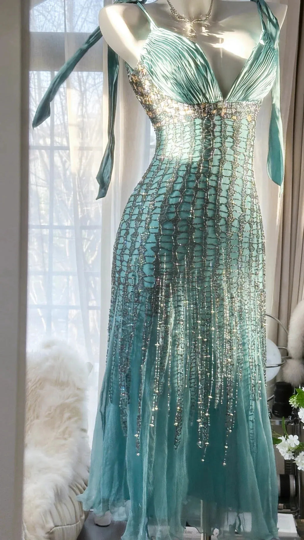 Green Luxury Gorgeous Retro Fashion Exquisite Tassel Beaded Mid-Length Chiffon Ball Gown Birthday Party Dress Evening Dress Prom Dress 3973