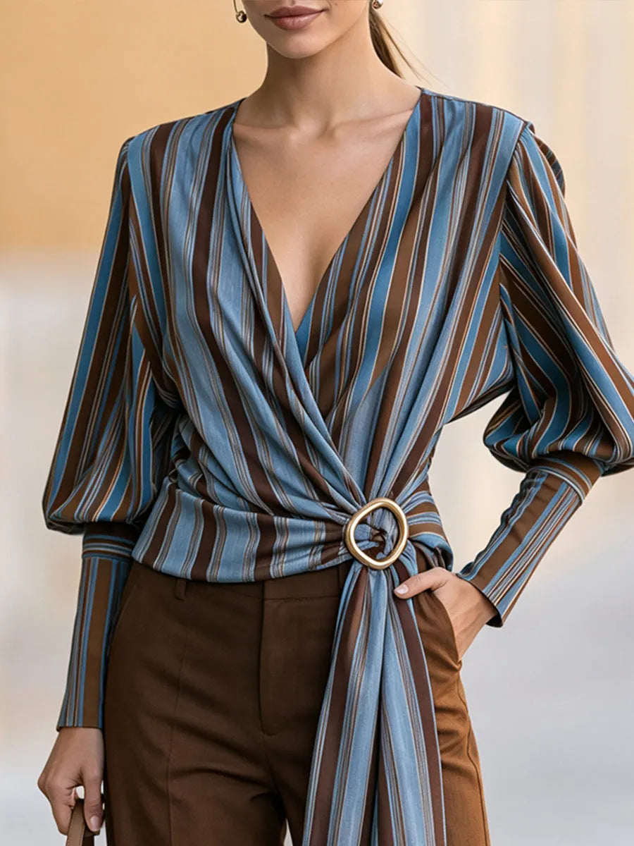 Striped Draped V-Neck Long Sleeve Blouse With Waist Ring Detail