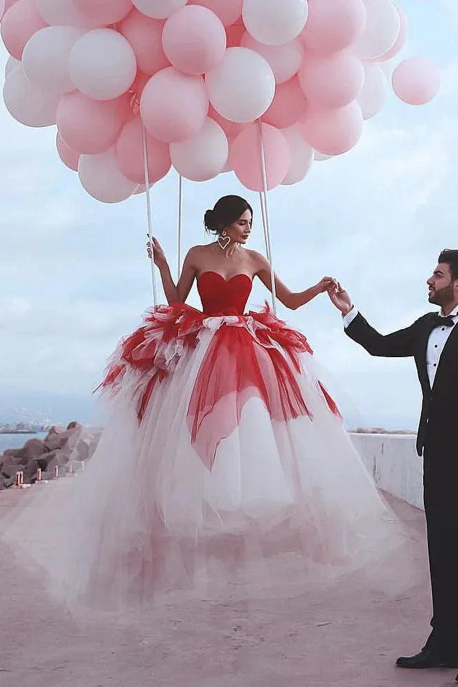 Ball Gown Tulle Ruffles Lace Up Bow  Red Sweetheart Wedding Dress