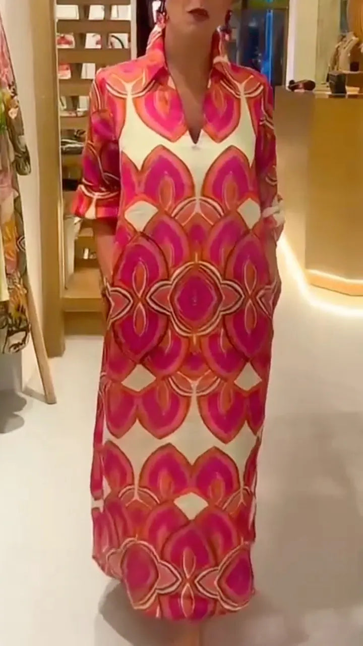 Geometric Print Shirt Collar Maxi Dress