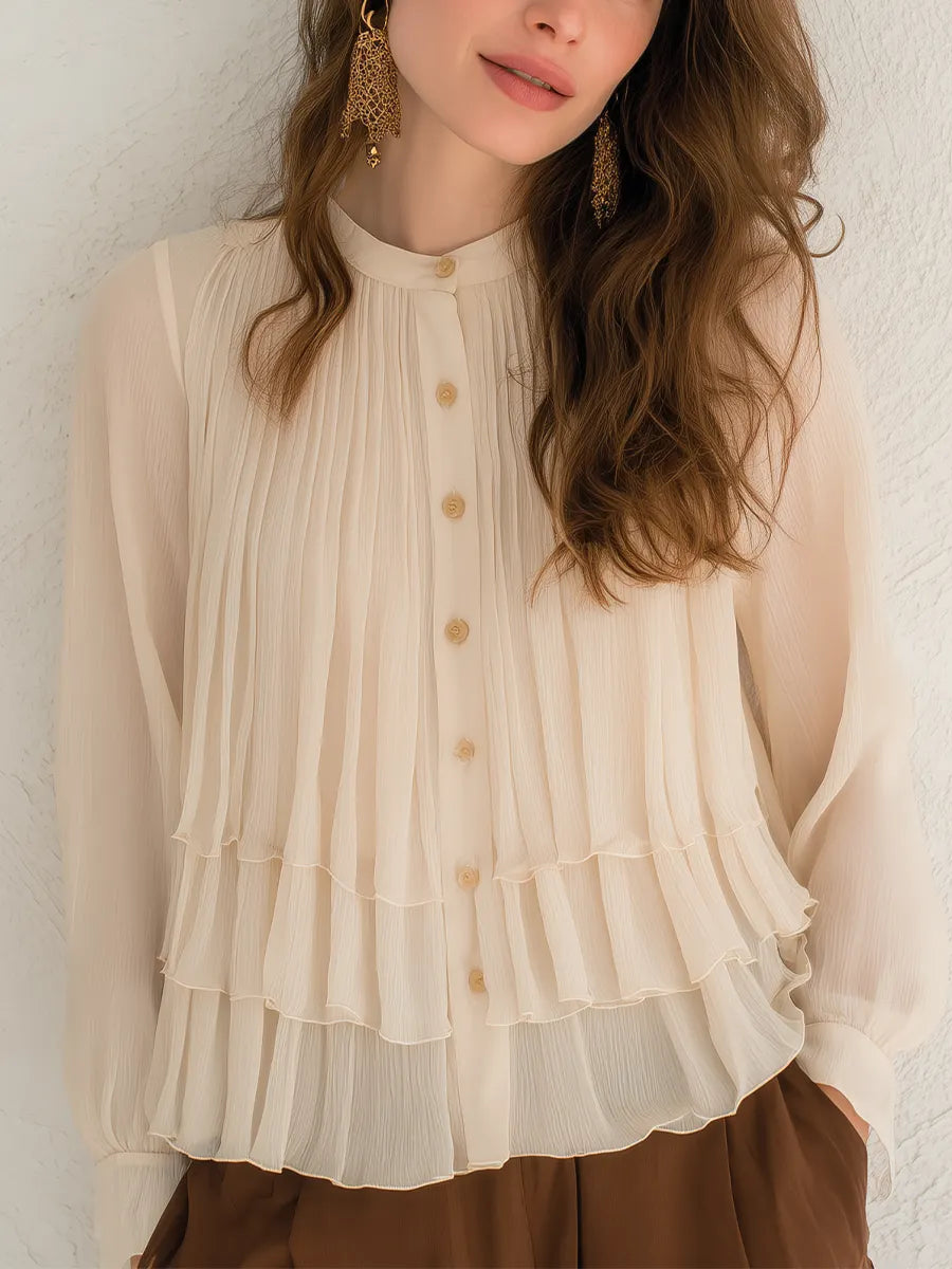 Romantic Ivory Pleated Tiered Blouse
