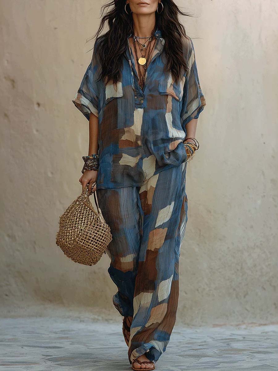 Colorful Square Decorative Pattern Stand-collar 1/2 Sleeve Cotton-linen Top And Pants Two-piece Set
