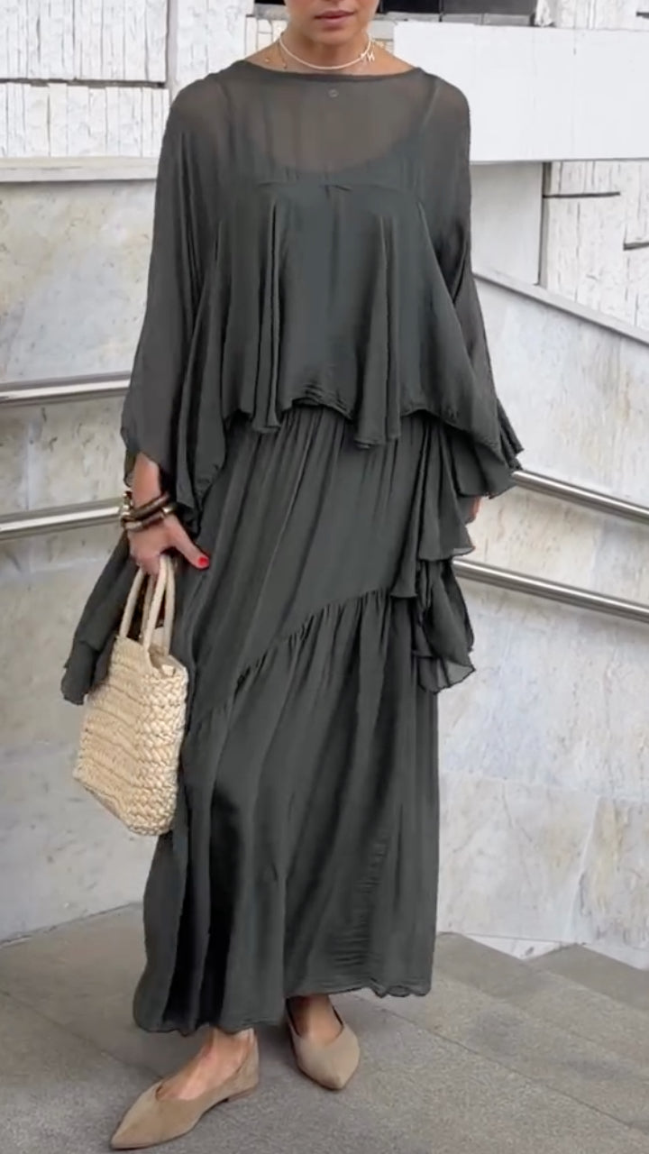 Sheer Ruffle Top & Pleated Maxi Skirt Co‑Ord Set