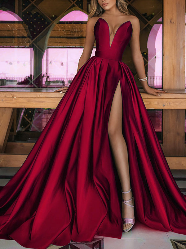 Strapless Split-Side Empire Maxi Dress