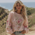 Women's Pink Rose Print Linen Blend T-shirt